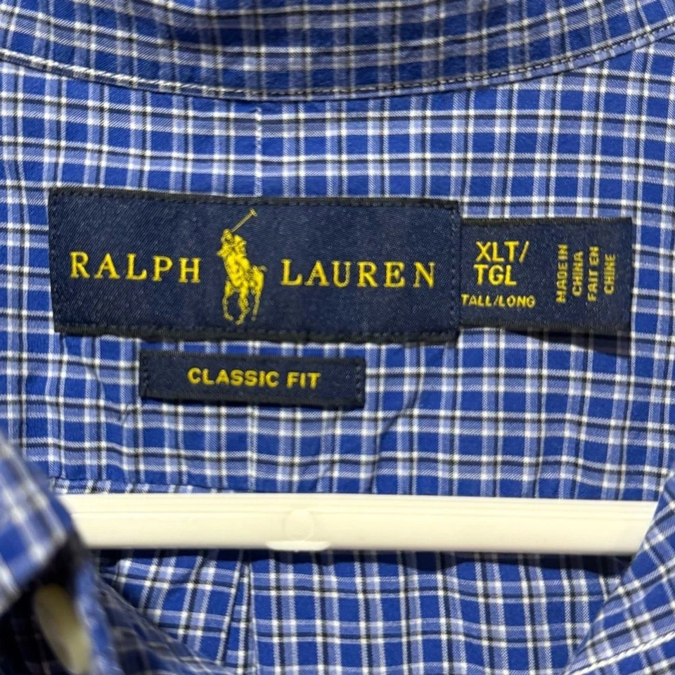 Ralph Lauren Vtg Dress Shirt Mens XLT blue plaid button up Classic Fit cotton - Image 4 of 4