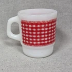 Vintage Anchor Hocking Fire King Mug Red Gingham Plaid Design Milk Glass USA