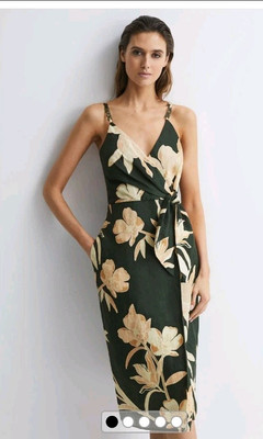 REISS Alice Fitted Floral Print Midi Dress in Khaki Size