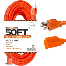 50 Ft Orange Extension Cord - 16/3 SJTW Heavy Duty Outdoor Extension Cable