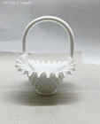 Vintage Milk Glass Hobnail Basket White Ruffled Edge Handled Candy Dish