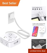 Certified 6 Ft Surge Protector: 8 Outlets, 4 USB Ports  Ultra Flat Plug