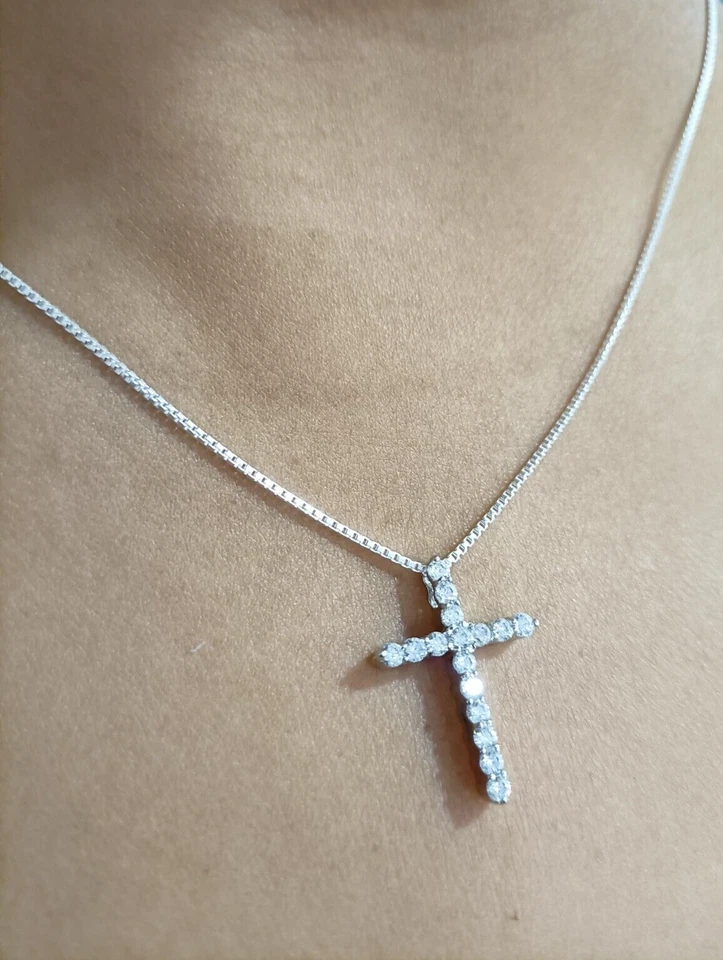 3 Ct Rund Simulierter Diamant Anhänger Halskette Kreuzform 14k Weiß Vergoldet - Bild 3 von 4