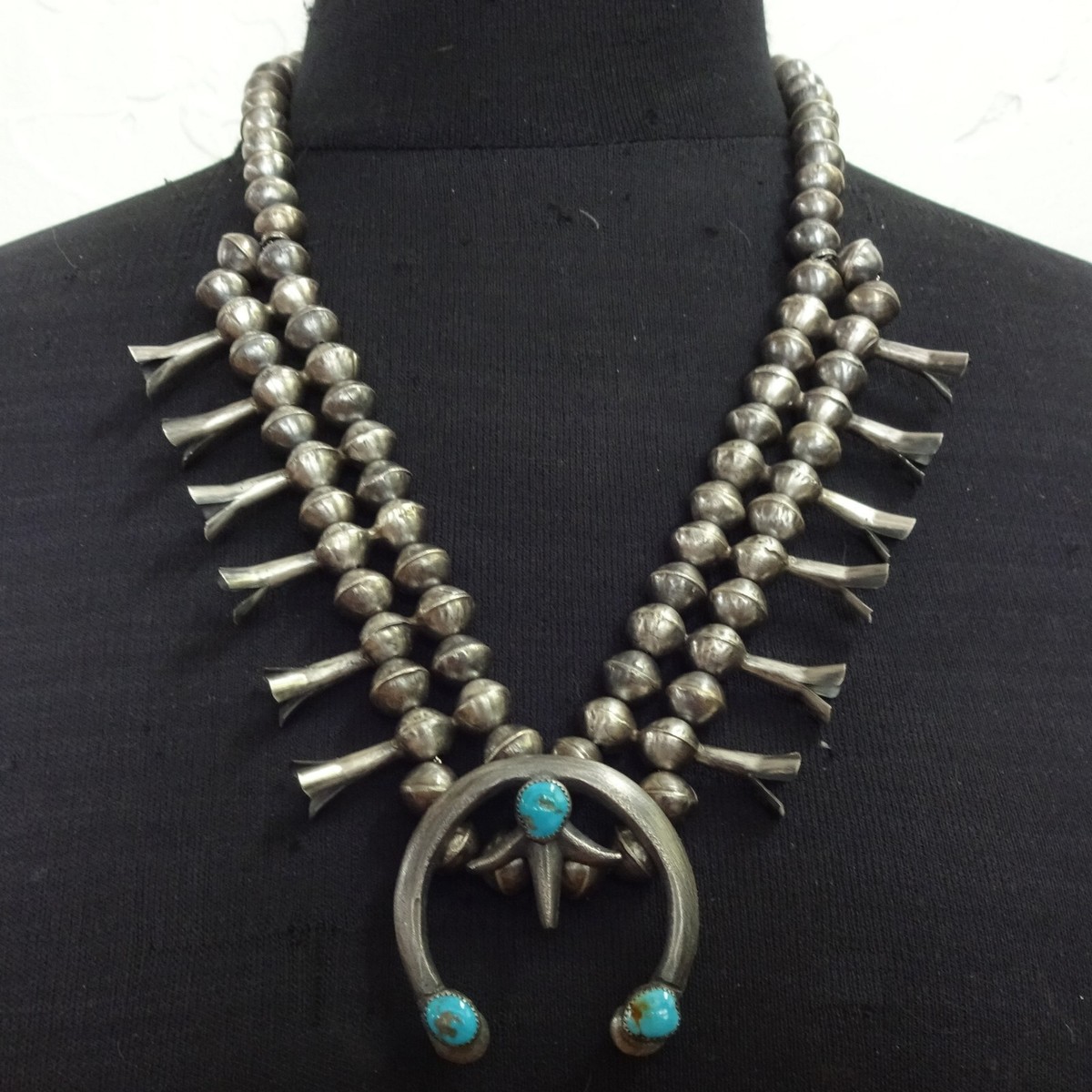 Old Style NAVAJO Sterling Silver TURQUOISE Squash Blossom