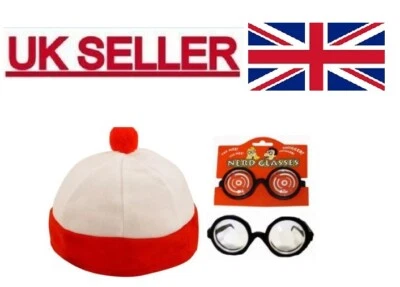 HENBRANDT Red And White Striped Hat Glasses Set Nerd Geek Book Day Fancy Dress Adult Size