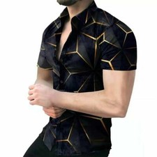 Button Up Shirt Men Fashion Black Gold Short Sleeve Down Party Casual Dress Soft