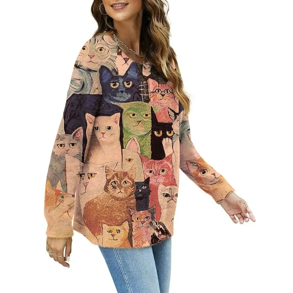  Mujeres Mezcla de Lana Suave Acogedor Gran Tamaño Lindo Gatos Estampado Gráfico Suéter S-3XL Foto 2 de 4