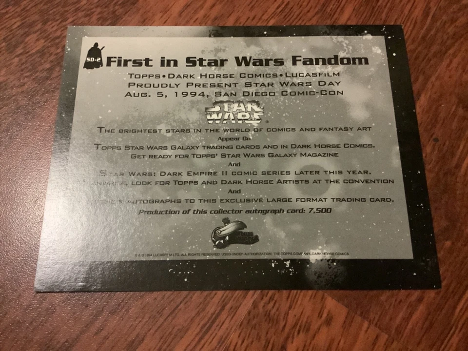 STAR WARS DAY SAN DIEGO COMIC-CON PROMO CARD SD-2 1994 TOPPS DARK HORSE - Image 2 of 2