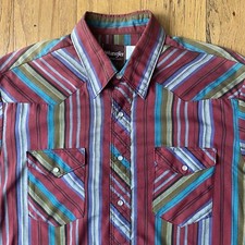 Vintage Wrangler Pearl Snap Western Vertical Stripes Button Up Shirt Size Large