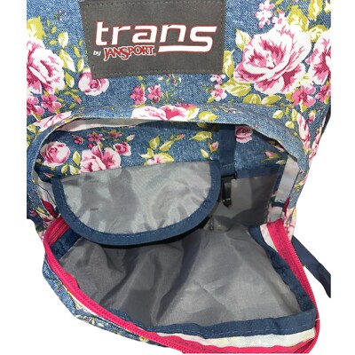 denim floral jansport backpack Trans By Jansport Backpack Floral Roses Blue Denim Pink Multipocketed Mesh  Drink