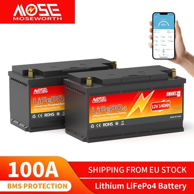 MOSEWORTH 1/2pcs 12V 140Ah Bluetooth LiFePO4 Lithium Batterie Smart BMS 3.548KW Boot Solar