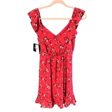 New By & By Ditsy Floral Dress Red Ruffles, Rouching Elastic Waist with Tie Sz S