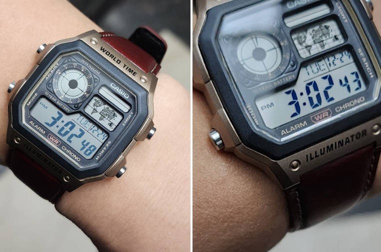 Casio AE-1200WHL-5A Digital Brown Leather World Time World Map