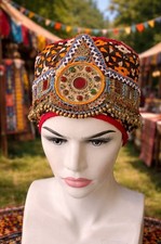 Turkmen-Afghan Antique Headpiece 1970s Handmade Tribal Hat Unisex