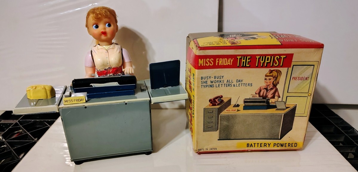 VINTAGE LINEMAR Tin Toy Miss Friday The Typist Battery operated