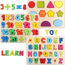 QZMTOY Wooden Puzzles for Toddlers, Wooden Alphabet Number Shape Puzzles Toddler