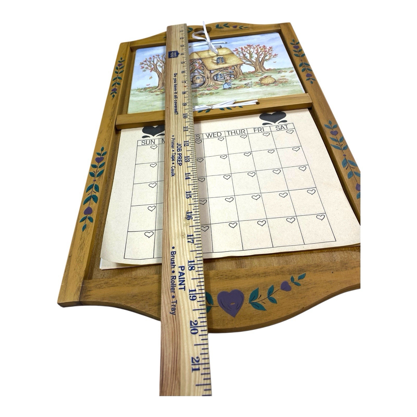 VTG 90s Wooden Perpetual Wall Calender Handpainted w Two Covers 20" x 11.5''