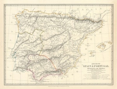 HISPANIEN IBERIEN. Altes Spanien & Portugal. Römische Namen & Straßen. SDUK 1844 Karte