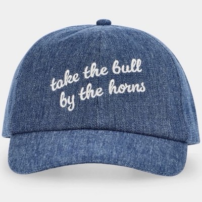 Kacey Lee Blue Denim Baseball Cap Embroidered Take the Bull by the Horns