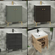Bathroom 600mm Floor Standing Vanity Unit Storage 2 Doors Carrara White Basin