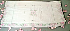 Vtg Tablecloth Embroidered Pink Sheer Floral Cutwork English Cottage Garden 82''