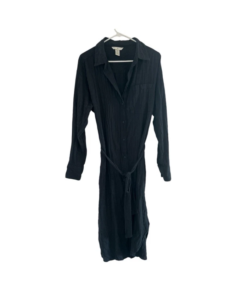 Vestido Camisa Midi H&M Negro Arrugas Abotonada Manga Larga Cinturón Talla M Foto 3 de 4