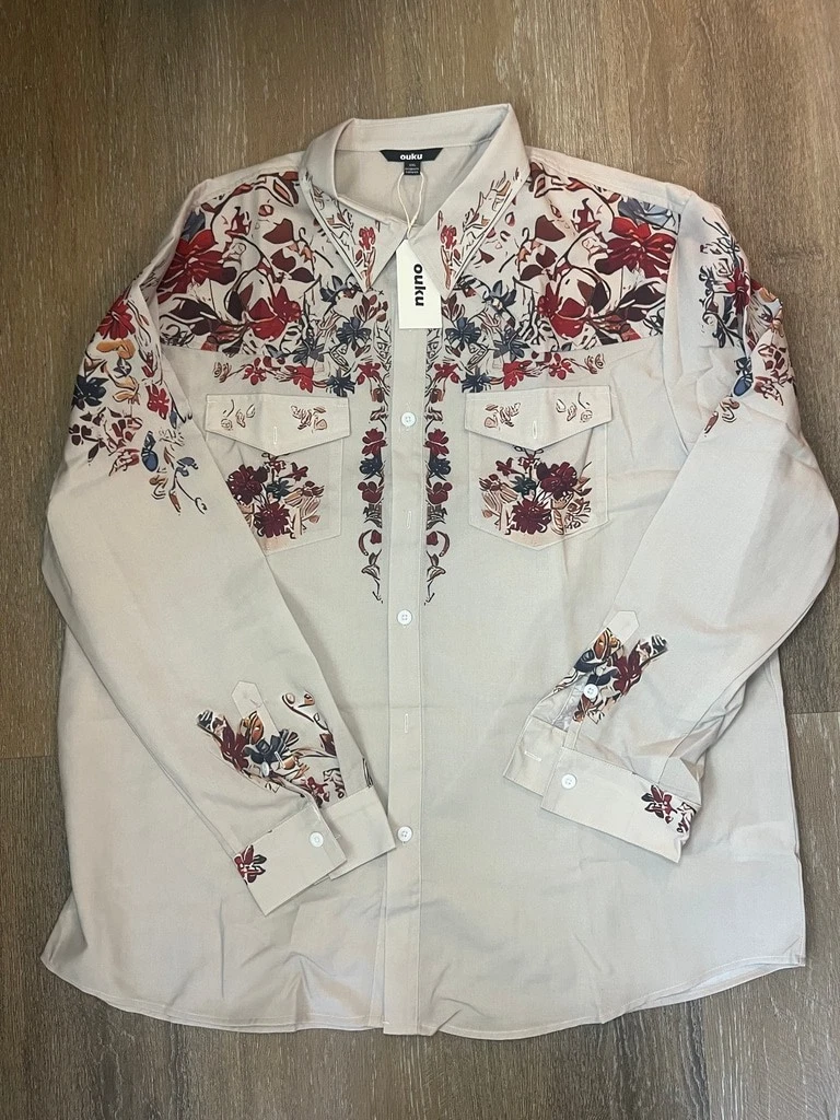 Men's Ouku Beige Floral Casual Button Down Shirt M