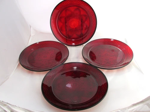 Vintage 4 Cristal D'Arques Durand Ruby Red Crystal 10" Dinner Plates Depression*