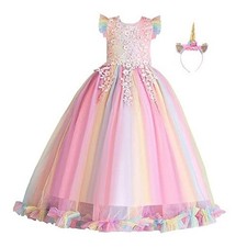Girl's Sleeveless Unicorn Party Princess Long Tulle 9-10 Years Rainbow 002