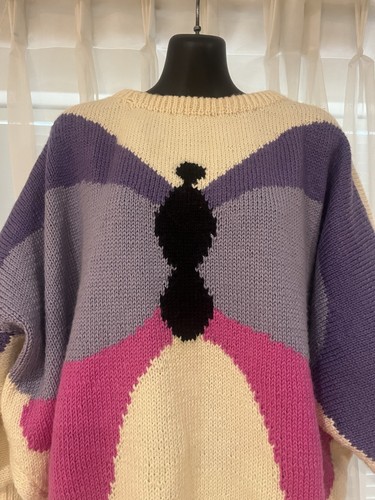 Vintage 80s Cream Pink Butterfly Print Knit Woollen Jumper - Picture 2 of 7
