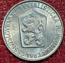 HIGH GRADE AU/UNC 1963 CZECH REPUBLIC-CZECHOSLOVAKIA 5 HALERU LION COIN-DEC407