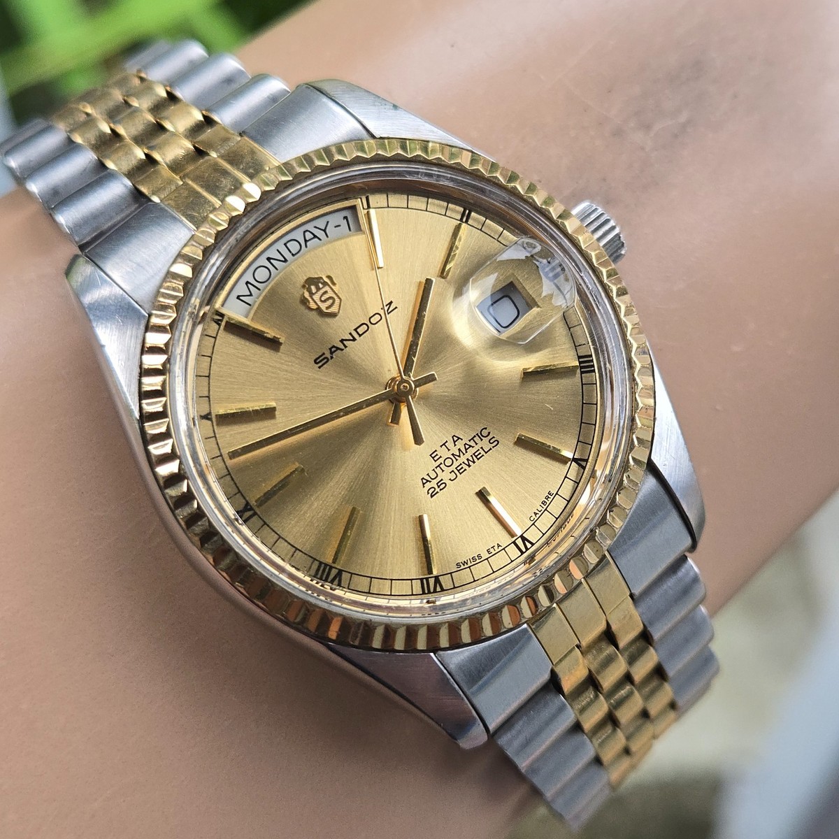 Vintage SANDOZ men's automatic watch day/date swiss made 1980s | eBay