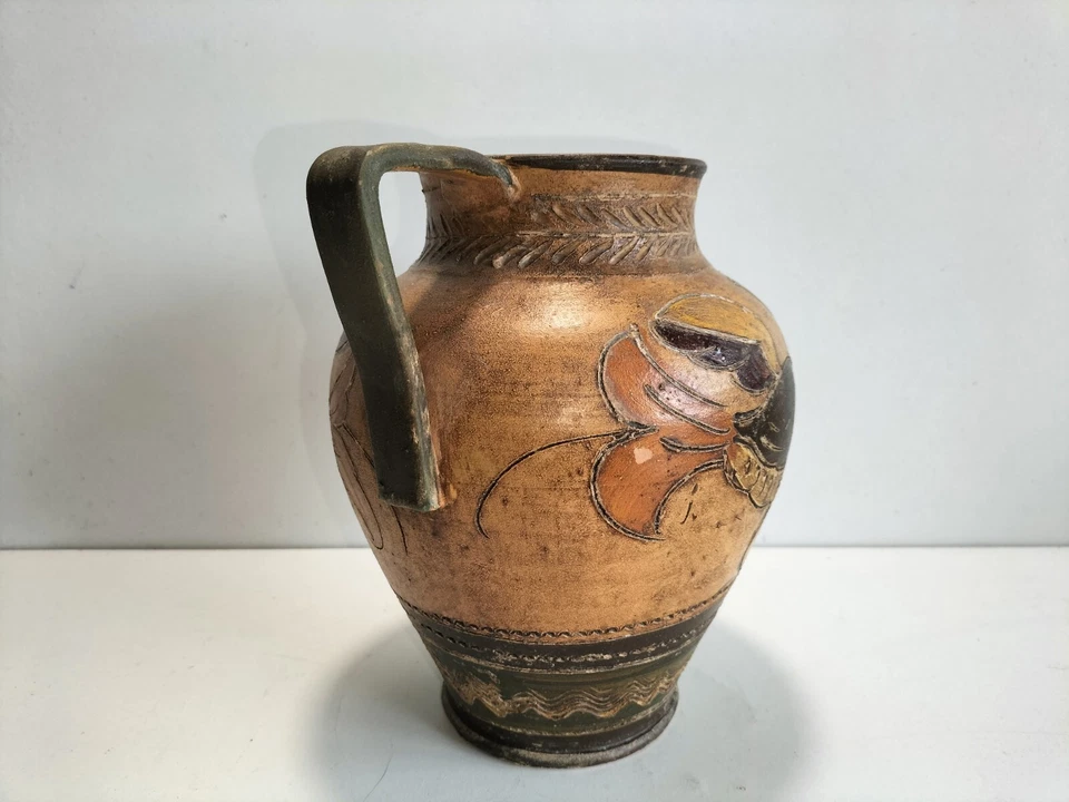 ANCIENNE CRUCHE DECOR OISEAUX TERRE CUITE ITALIE 30's  / PICHET CARAFE WATER JUG - Photo 3/4