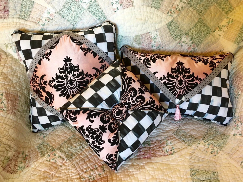 Pink Black Damask Grey Checkered Envelope Pillow Mackenzie Childs Napkin - Image 2 of 3