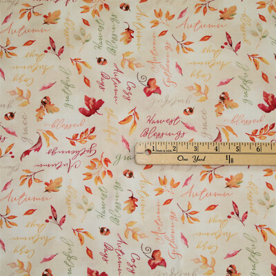 Autumn Day Fall Leaves Pumpkin TAN Words Allover Fabric  1/2 Yard    #33866-283