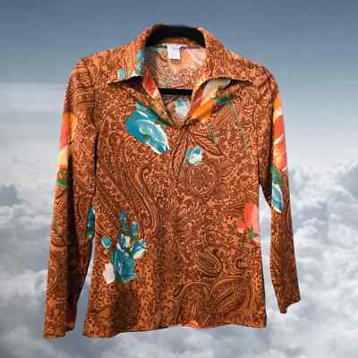 Vintage 1970s Psychedelic Floral Brown Paisley Blouse - Mardi Modes Disco Shirt