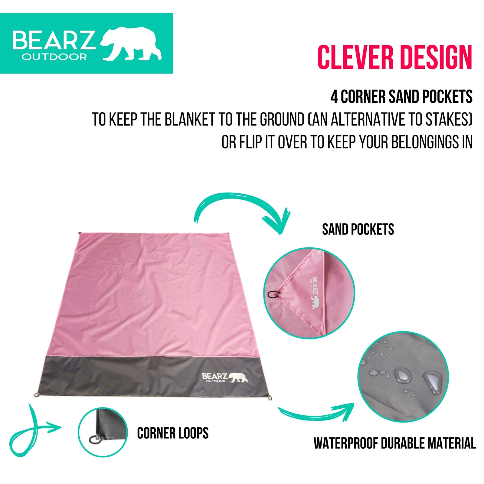 BEARZ Outdoor Pocket Blanket Compact Picnic Blanket, Beach Blanket