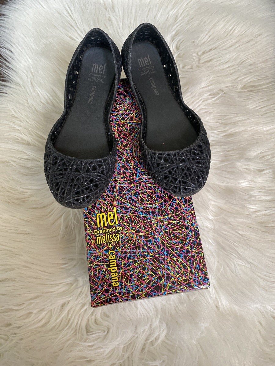 Mini Melissa Girls 12 Mel Campana Glitter Zig Zag Jelly Black Ballet Flats  Box