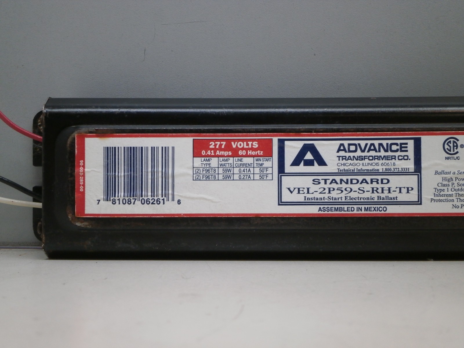 Advance VEL2P59SRHTP Fluorescent 277Volt Ballast for (2) F96T8