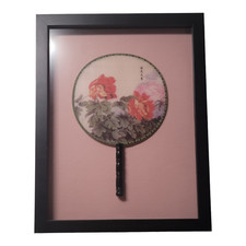 Vintage Hand Painted Silk Screen Two Sided Floral Fan w/ Bamboo Handle