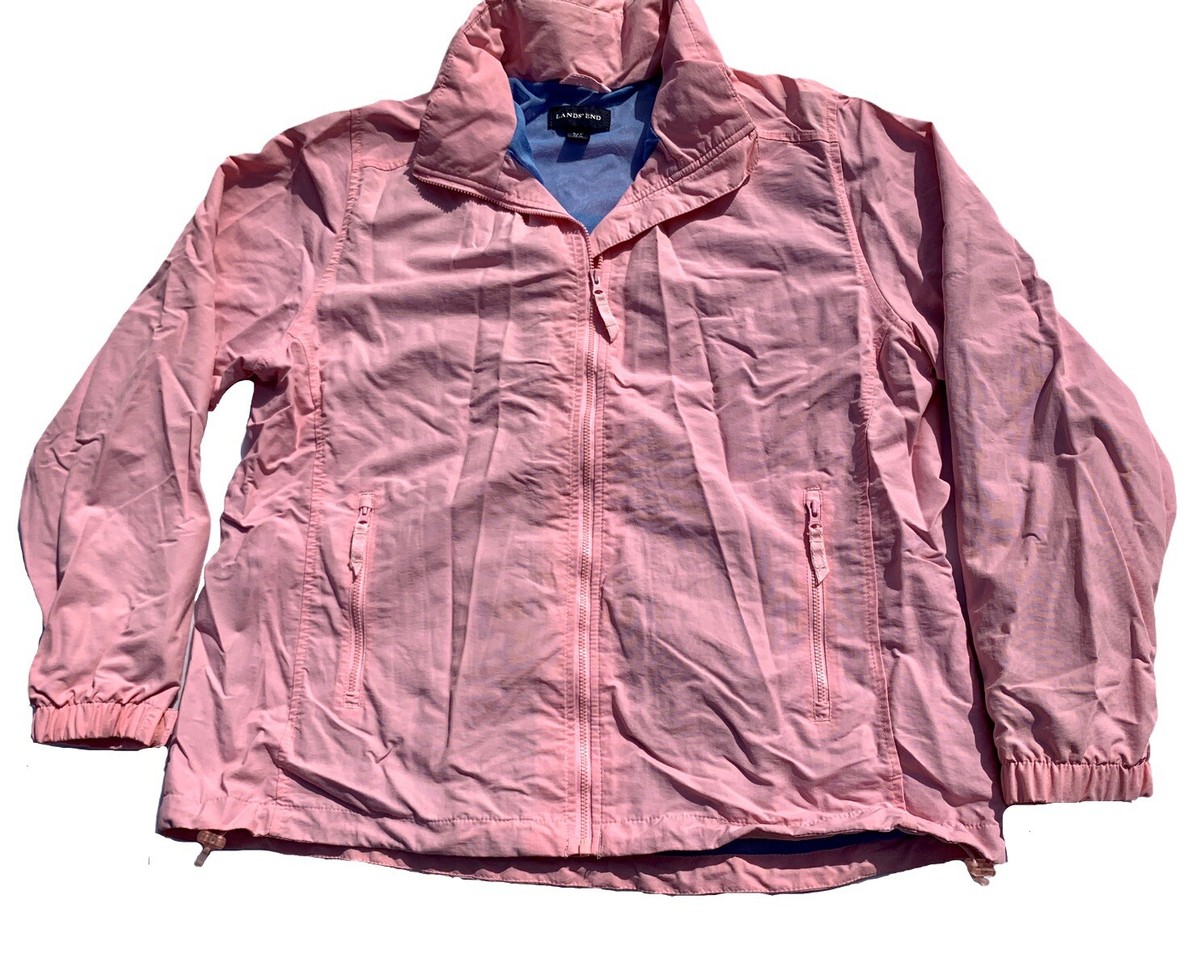 LANDS END Pink Waterproof Windbreaker Hidden Collar Hood Raincoat 