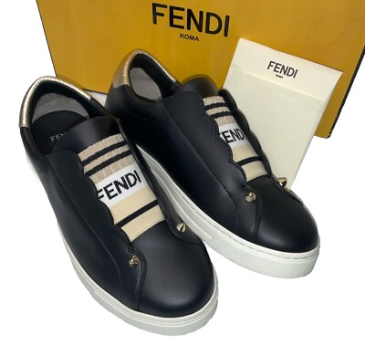 FENDI Rockoko Sneakers Slip On Scallop Beige/White/Black Gold Women Sz 6.5