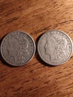 Two 1921-S Morgan Silver Dollars: lot. San Francisco. Sharp detail. Two shades.