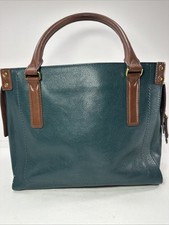 FOSSIL Claire Satchel Blue Brown Handbag Leather Zipper Double Handles Excellent