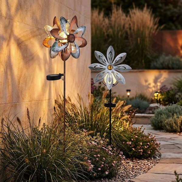 Solarleuchte Windrad AußEnlampe Gartendeko Silber Gold Erdspieß Stecklampe 2X-image