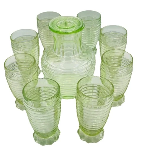 Vintage Anchor Hocking Manhattan Green Glass And Pitcher Tumblers Set