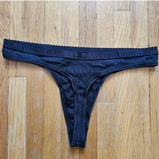 Vintage Victorias Secret black cotton signature logo waistband thong large