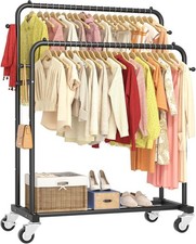 Simple Double Rod Clothing Garment Rack, Rolling Clothes Organizer on Wheels