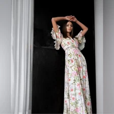 Mac Duggal Dress 9079 Floral Print Faux Wrap Flutter Sleeve A-Line Gown Size 4