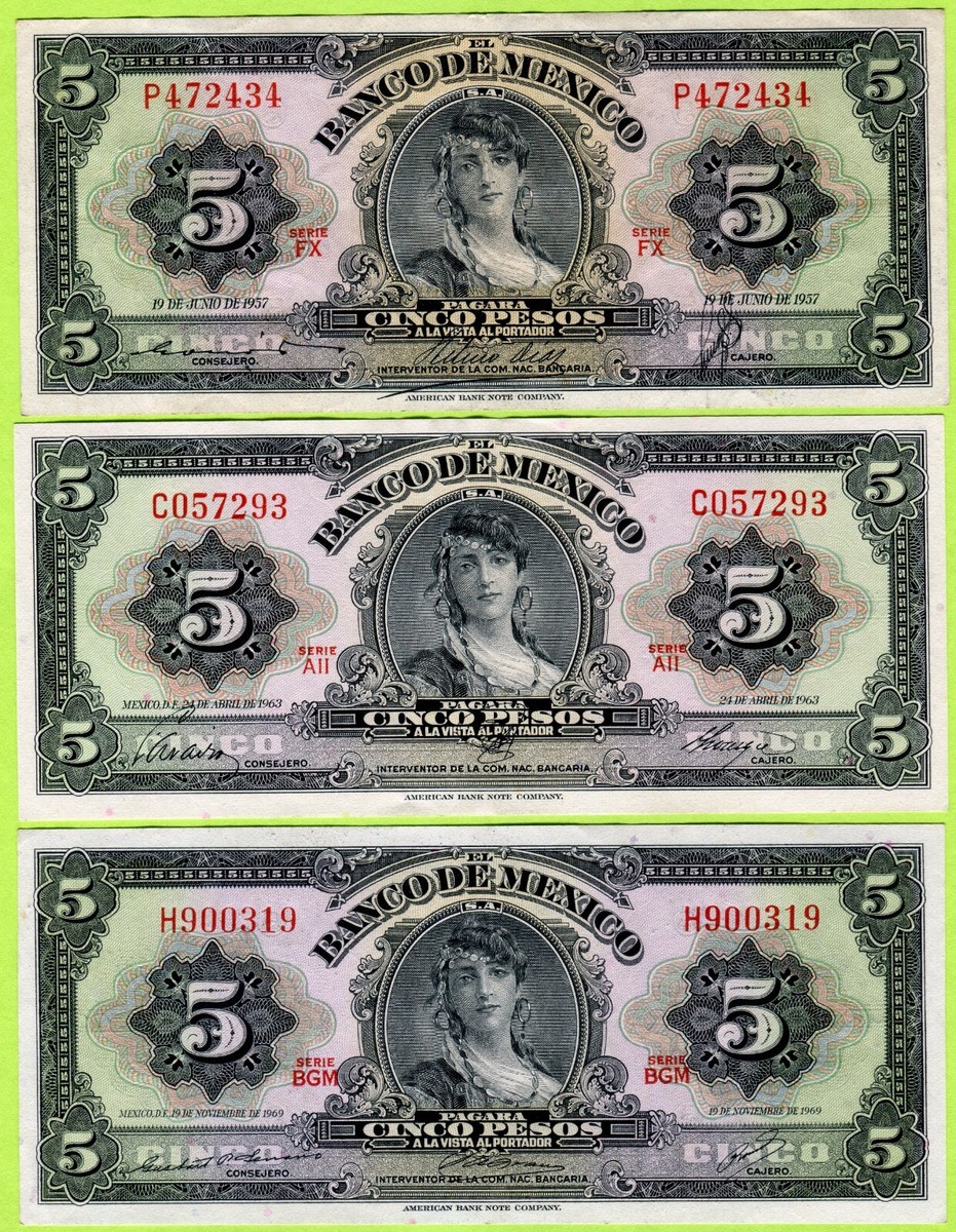 Mexico 5 Pesos 1957/1963/1969 P60a EF / P60h 60j UNC | eBay